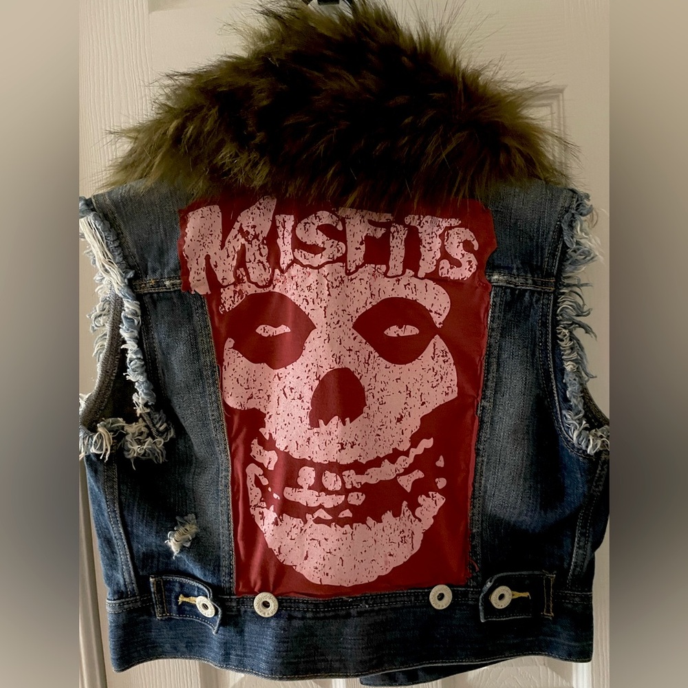 Custom Distressed Misfits Patch Denim Vest with Faux Fur Neck Line. Size S/M.